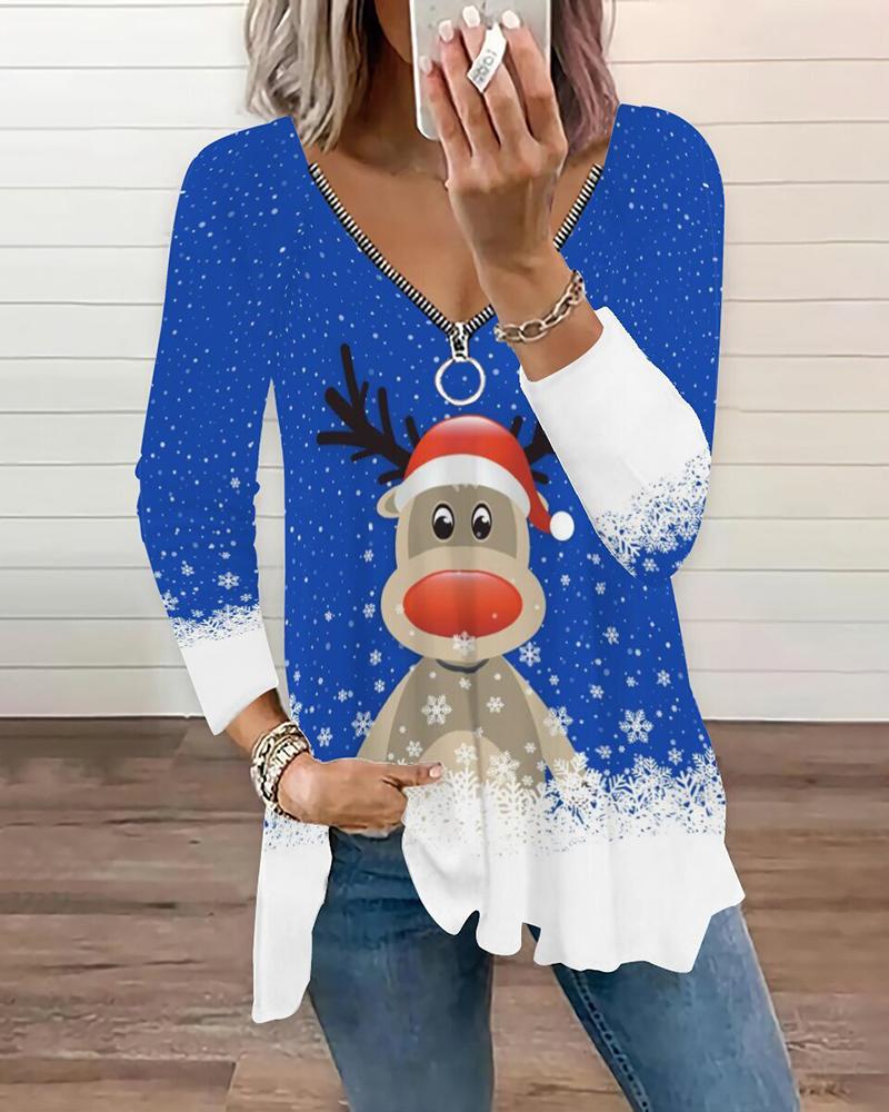 

Christmas Elk Graphic Print Zipper Design Top, Blue