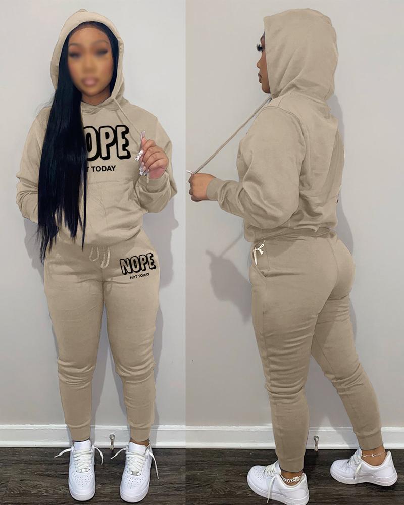 

Letter Print Long Sleeve Casual Hoodie & Pants Set, Khaki