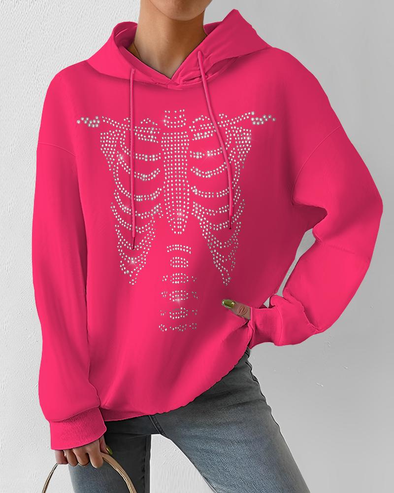 

Halloween Rhinestone Skeleton Pattern Drawstring Hoodie, Hot pink