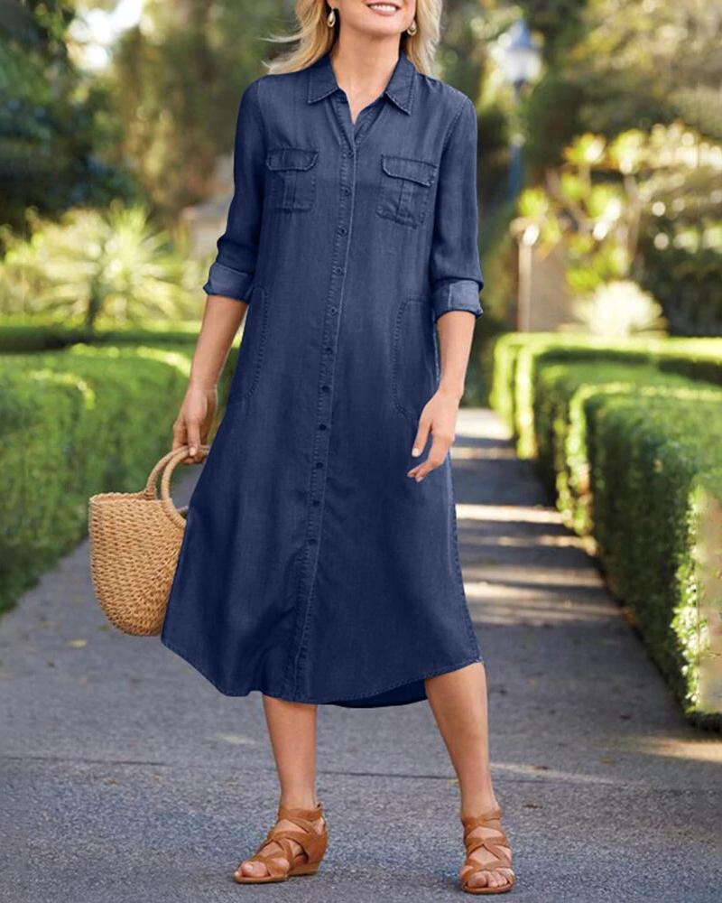

Long Sleeve Pocket Detail Button Down Denim Dress, Dark blue