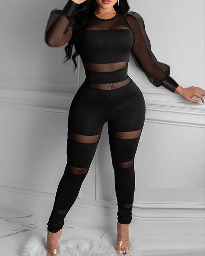 

Sheer Mesh Long Sleeve Skinny Jumpsuit, Black