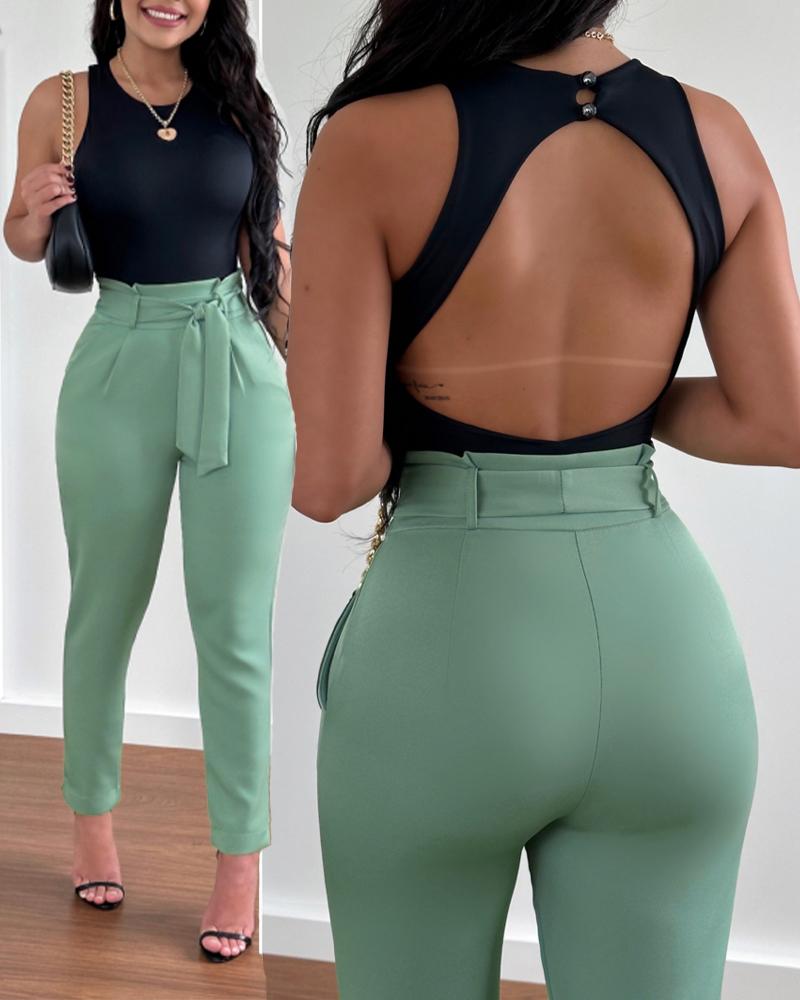 

Backless Sleeveless Top & High Waist Pants Set, Green