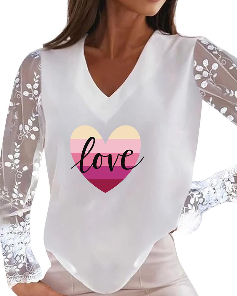 

Letter Heart Print V-Neck Lace Long Sleeve Top, White