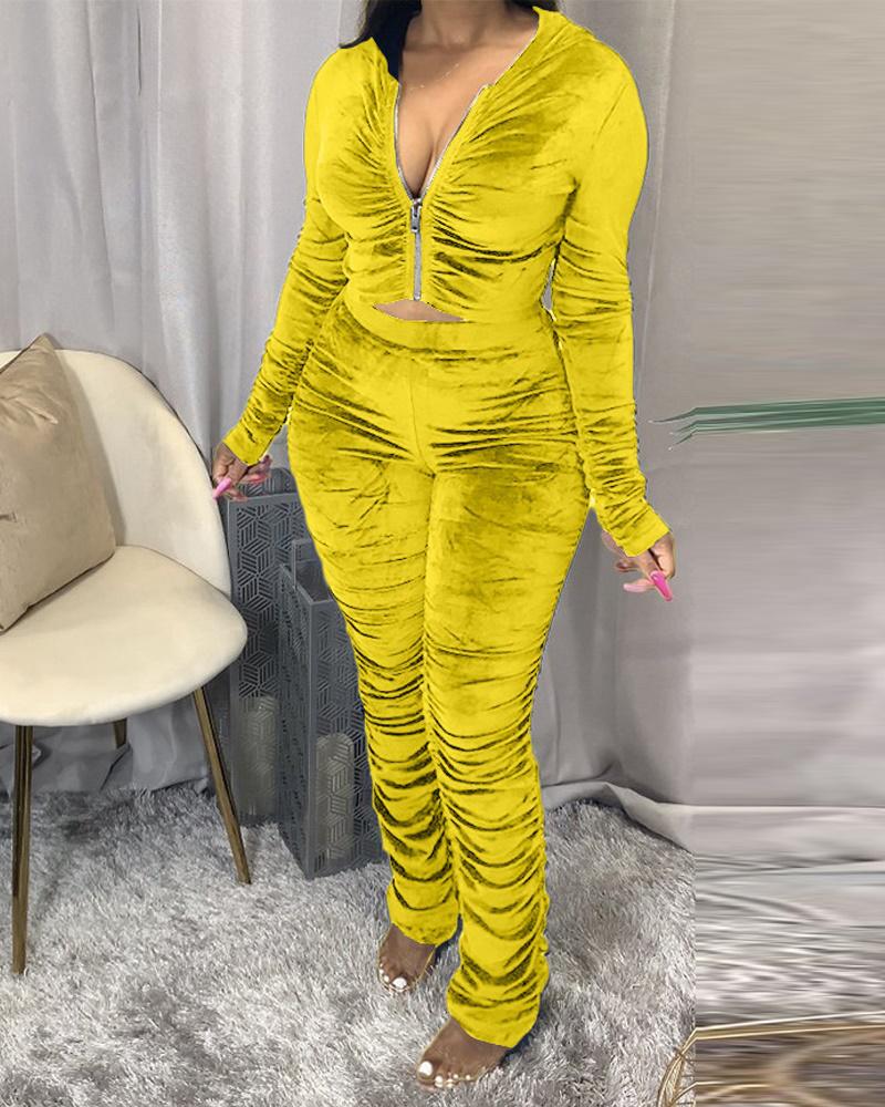 

Ruched Long Sleeve Hooded Zip Up Top & Pants Set, Yellow
