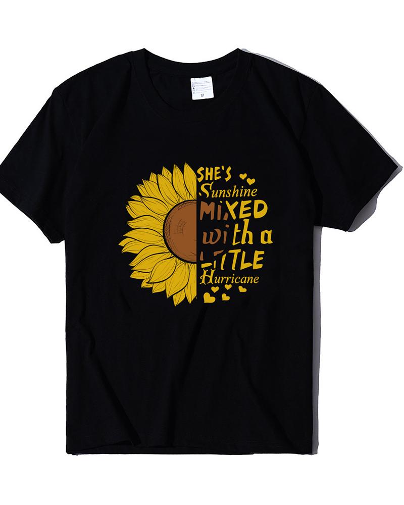 

Sunflower&Letter Print Short Sleeve T-shirt, Black