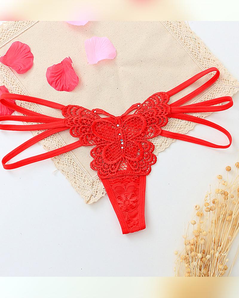 

Solid Lace Patch Skinny Cut-out T-string Panties, Red