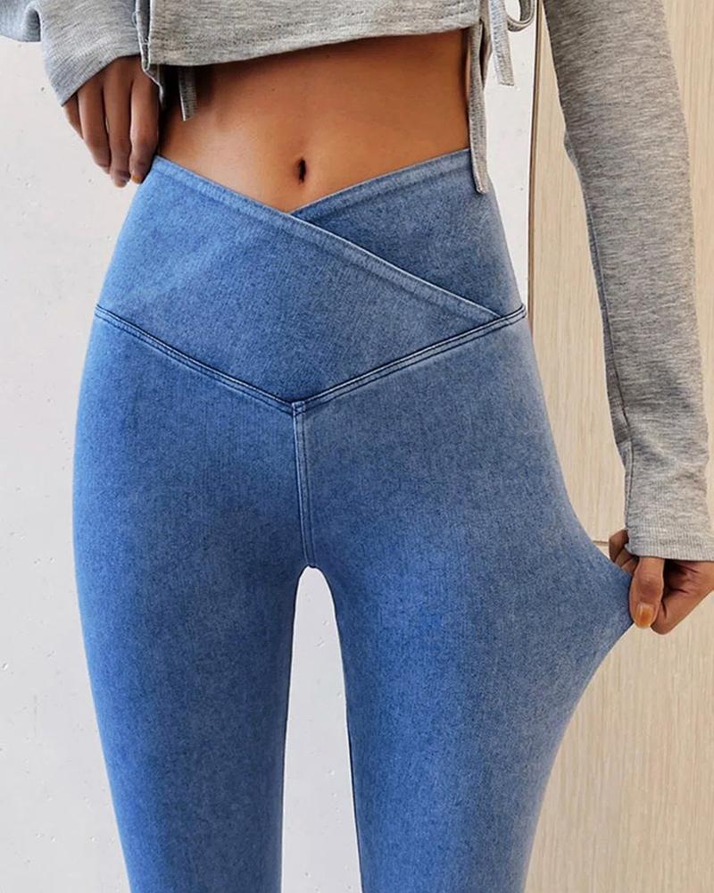 

Plain High Waist Skinny Pants, Blue