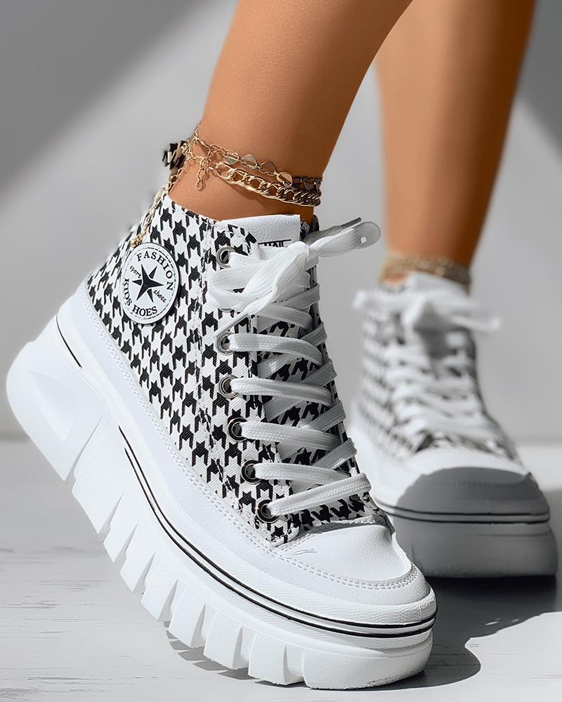 

Houndstooth Print Lace-up Muffin Sneakers, Blackwhite