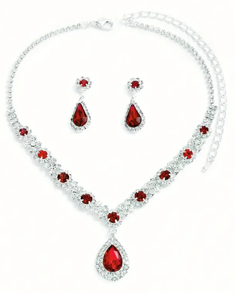 

2PCS Rhinestone Decor Waterdrop Crystal Stone Pendant Necklace & Drop Earrings Wedding Bridal Gift Jewelry Set, Red