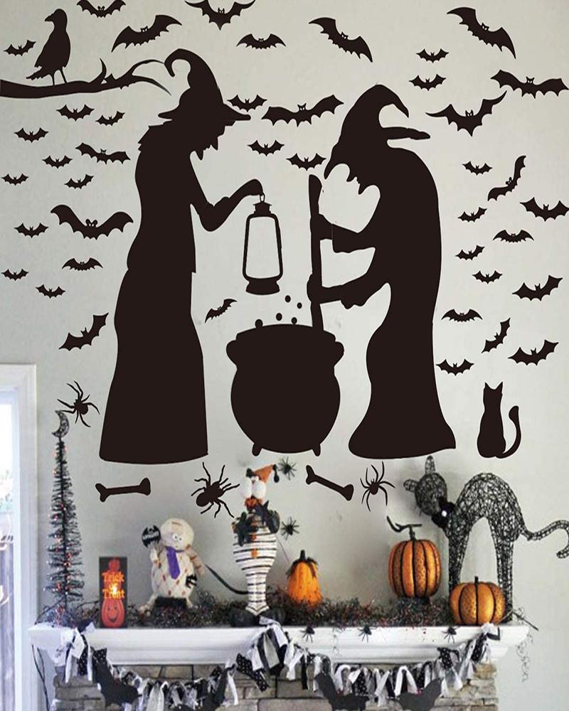 

Halloween Decorations Wall Window Ornament Party Supplies 2 Witches With Bats Spider Cat and Crow, Black