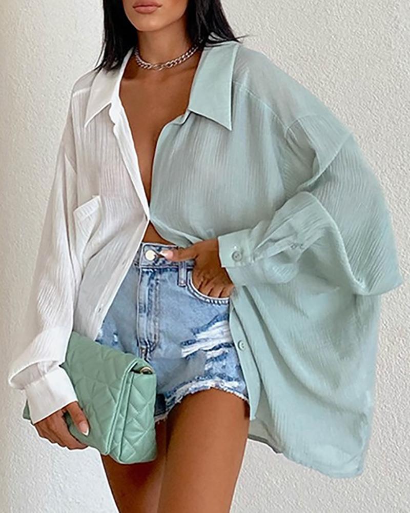 

Long Sleeve Buttoned Pocket Design Colorblock Top, Blue