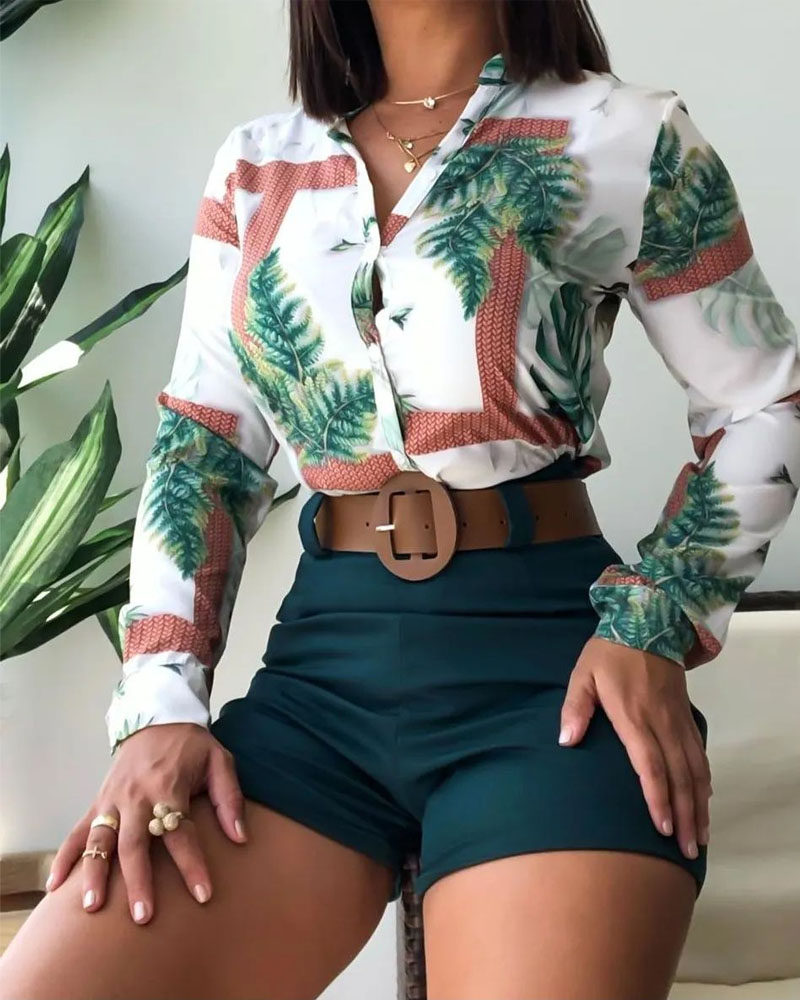 

Plants Print Button Down Shirt & Shorts Set, Green