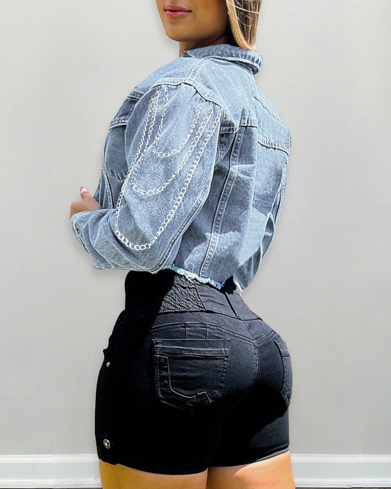 

Chain Decor Raw Hem Crop Denim Coat, Lighted blue