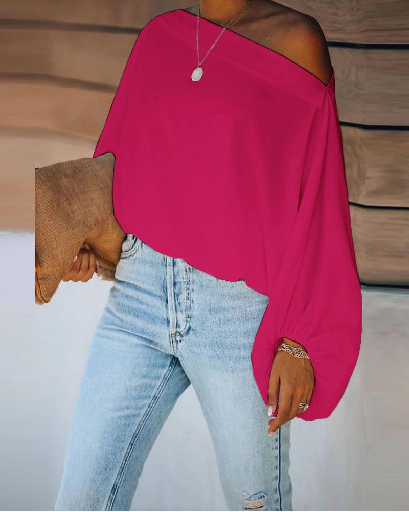 

Lantern Sleeve Skew Neck Top, Rose red