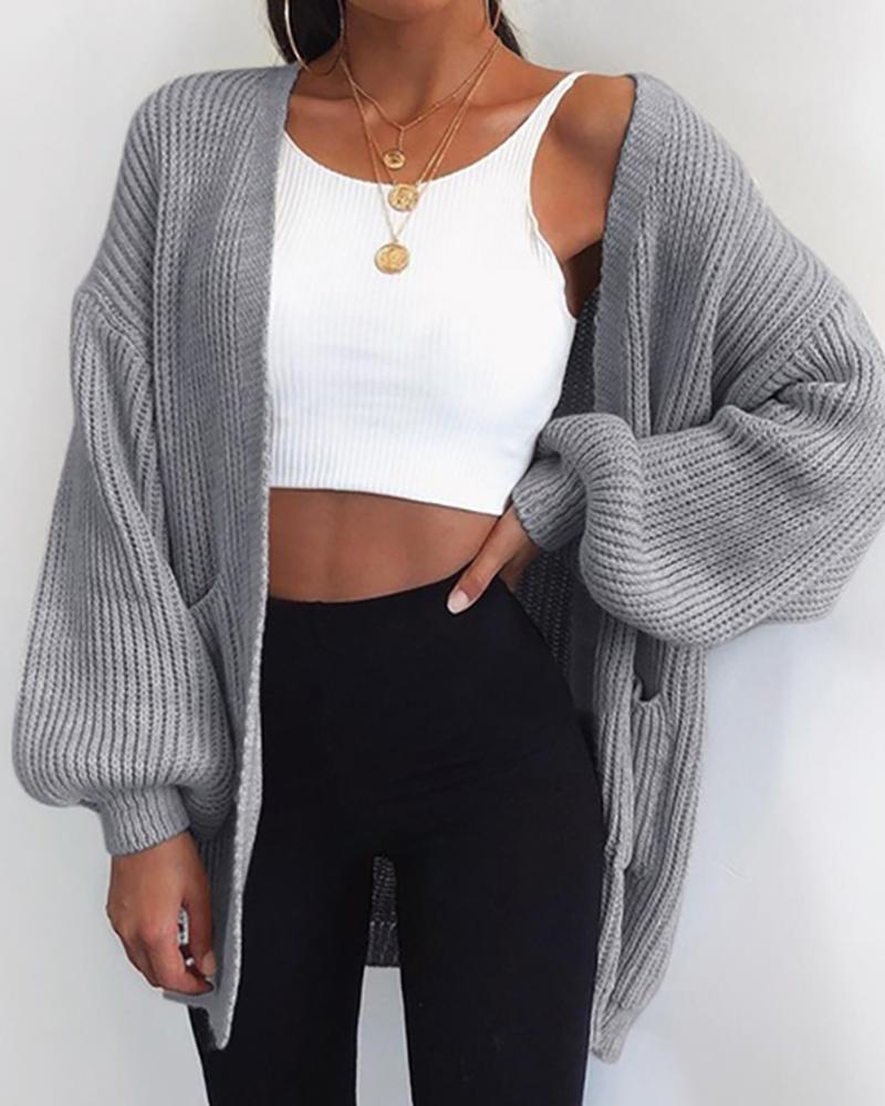 

Long Sleeve Plain Knit Casual Cardigan, Gray