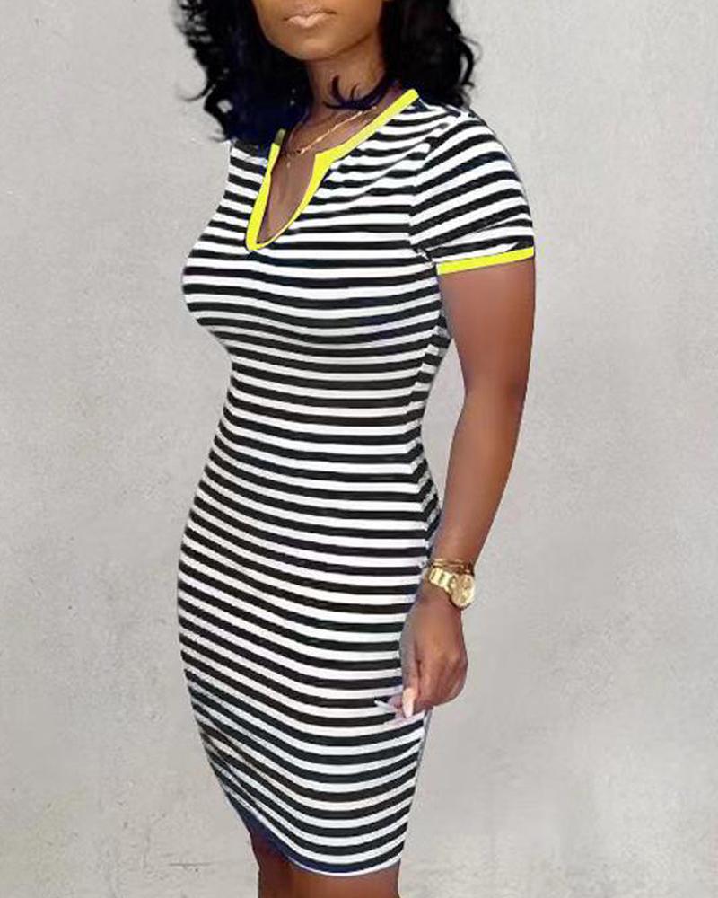 

Striped Print Short Sleeve Casual Dress, Black