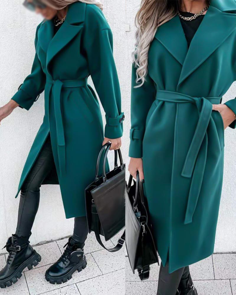 

Plain Button Detail Belted Longline Coat, Green