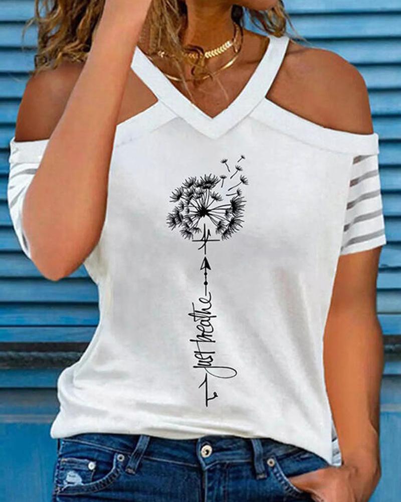 

Letter Dandelion Print Cold Shoulder T-shirt, White