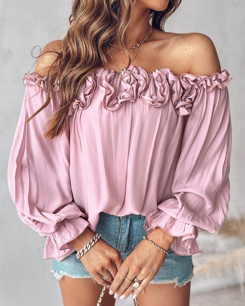 

Ruffle Hem Lantern Sleeve Top, Pink