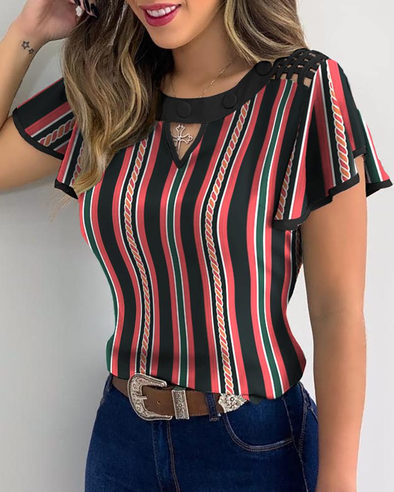 

Striped Colorblock Sheer Mesh Flutter Sleeve Cutout Front Casual Top, Multicolor