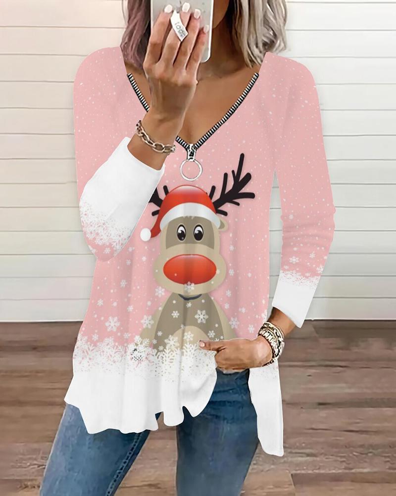 

Christmas Elk Graphic Print Zipper Design Top, Pink