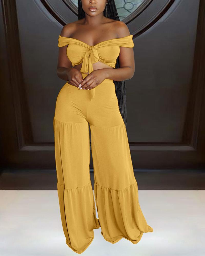 

Solid Short Sleeve Strappy Cropped Blouse With Wide Leg Suit Sets, Yellow