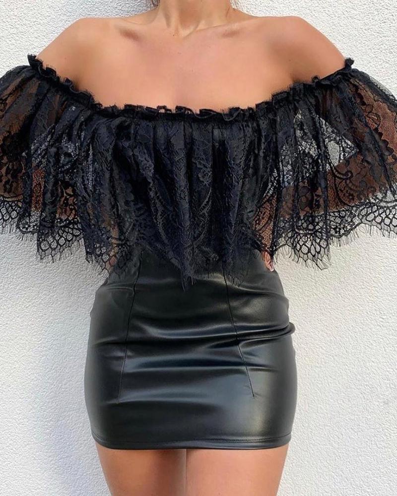 

Off Shoulder Eyelash Lace PU Leather Bodycon Dress, Black