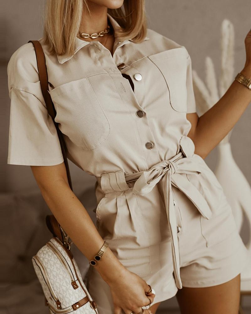 

Pocket Button Design Short Sleeve Romper, Apricot