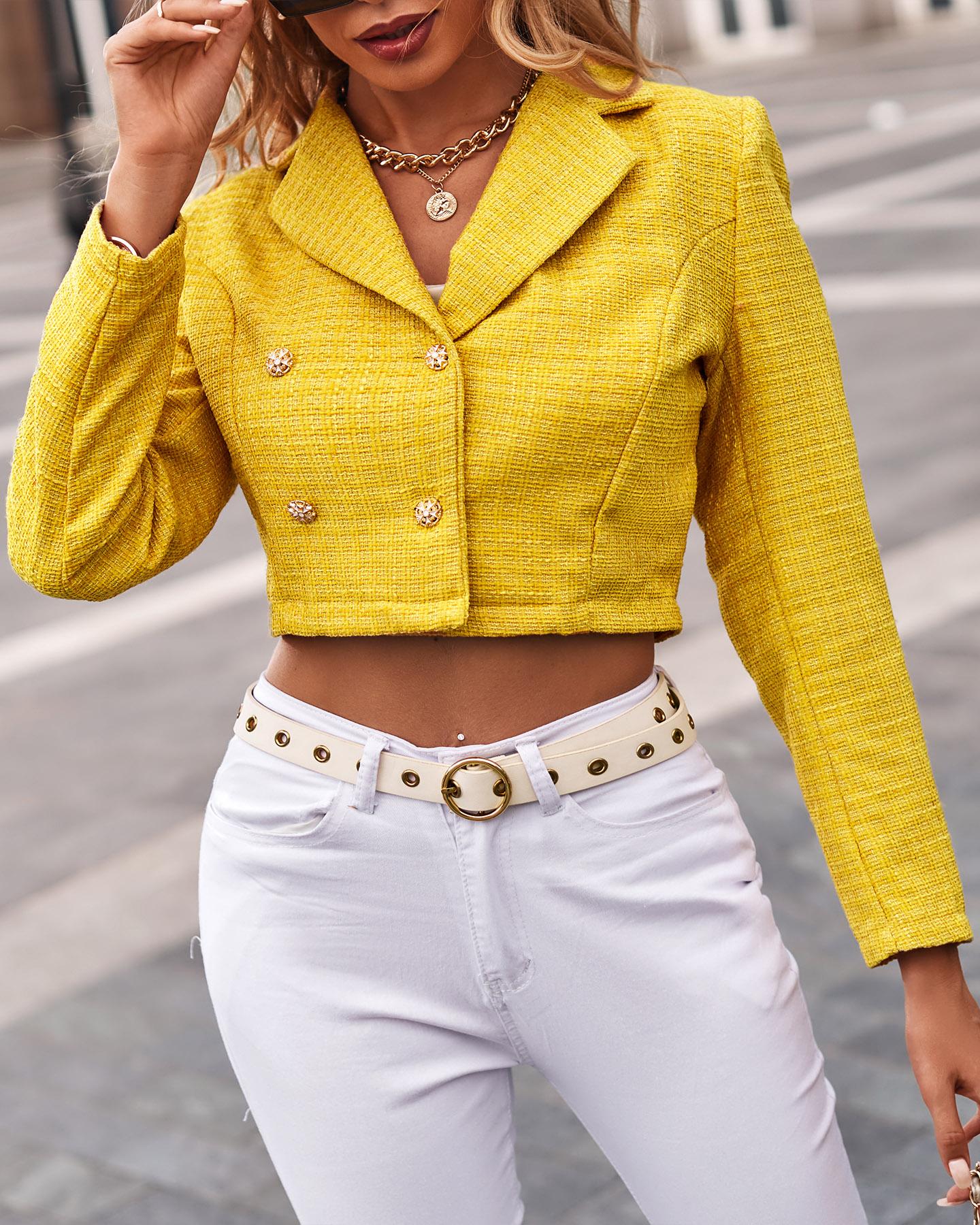 

Double Breasted Long Sleeve Tweed Blazer Coat, Yellow