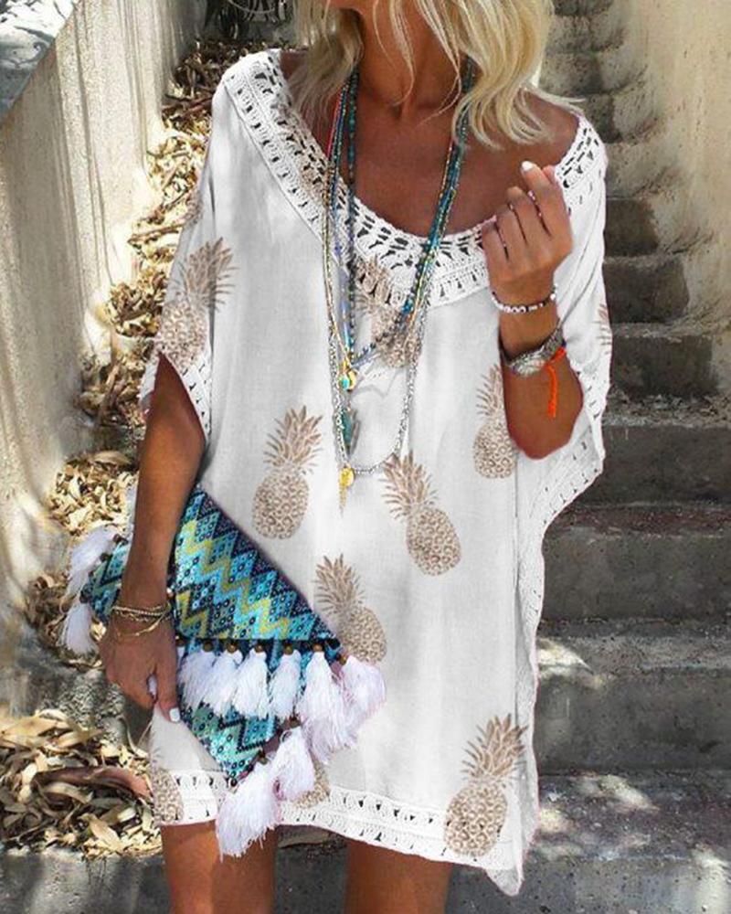 

V-Neck Short Sleeve Lace Patchwork Floral Printed Dress, White