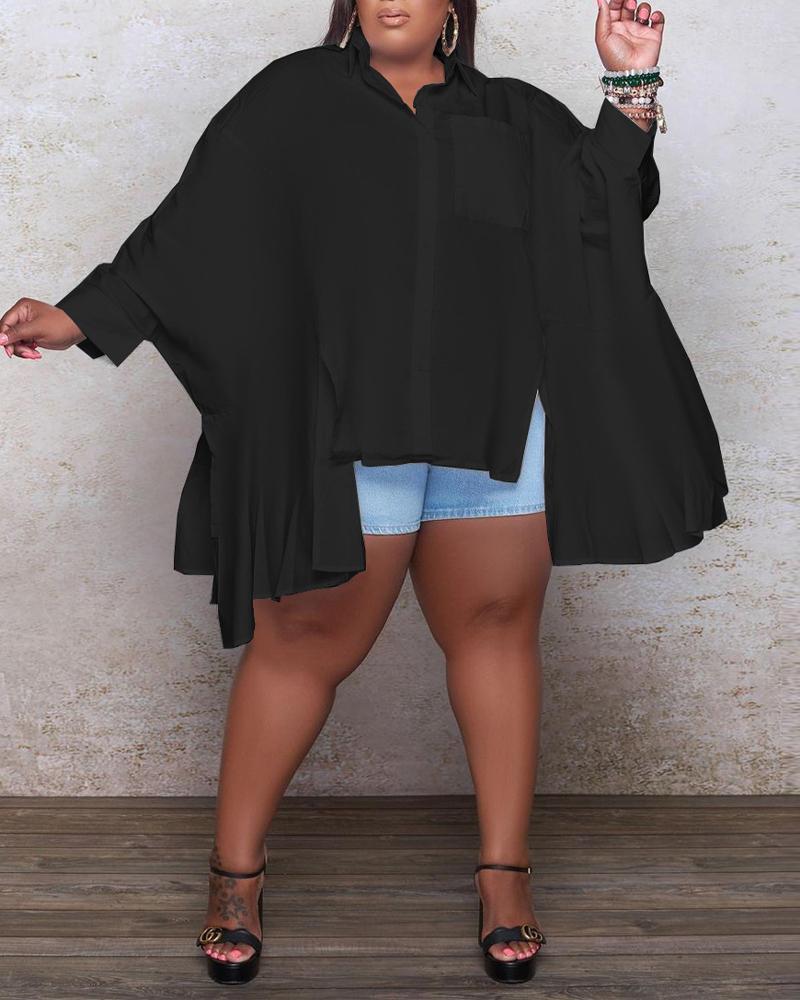 

Plus Size Long Sleeve Asymmetrical Button Down Shirt, Black