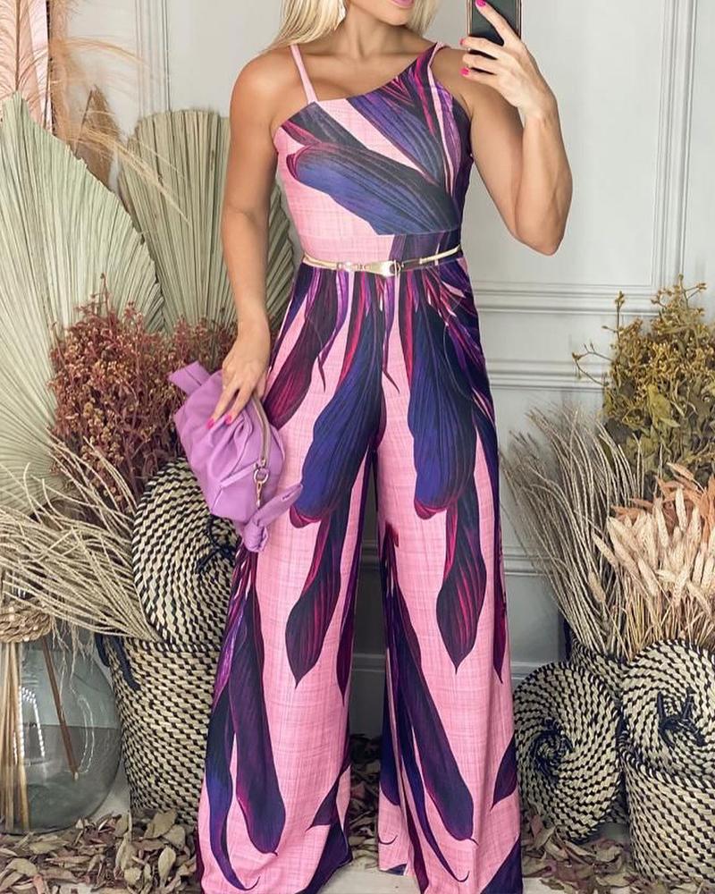 

Plants Print Asymmetrical Neck Wide Leg Jumpsuit, Purple
