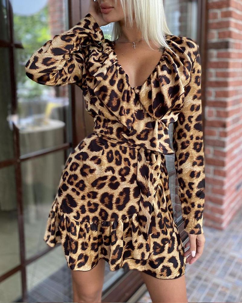 

Leopard Print Ruffle Hem Tie Front Mini Dress