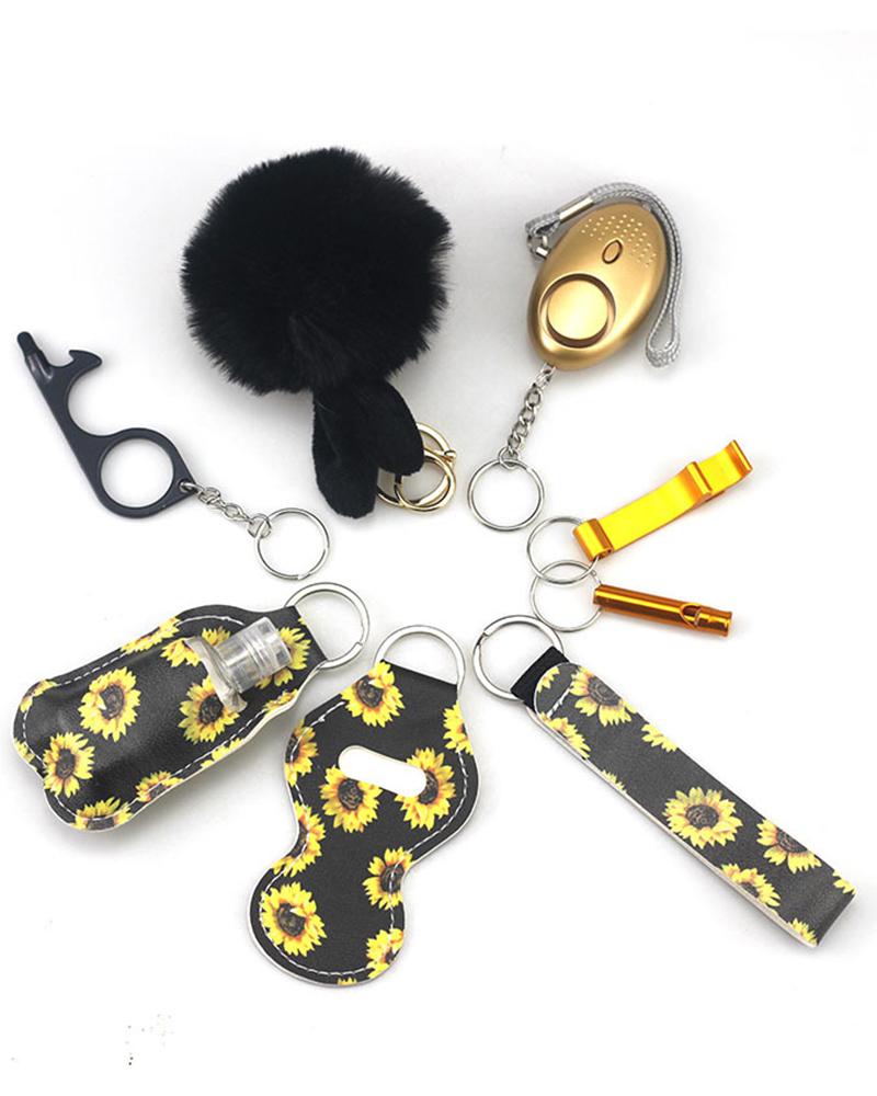 

9pcs Graphic Print Whistle Pom Pom Self Defensive Keychain Set, Style2