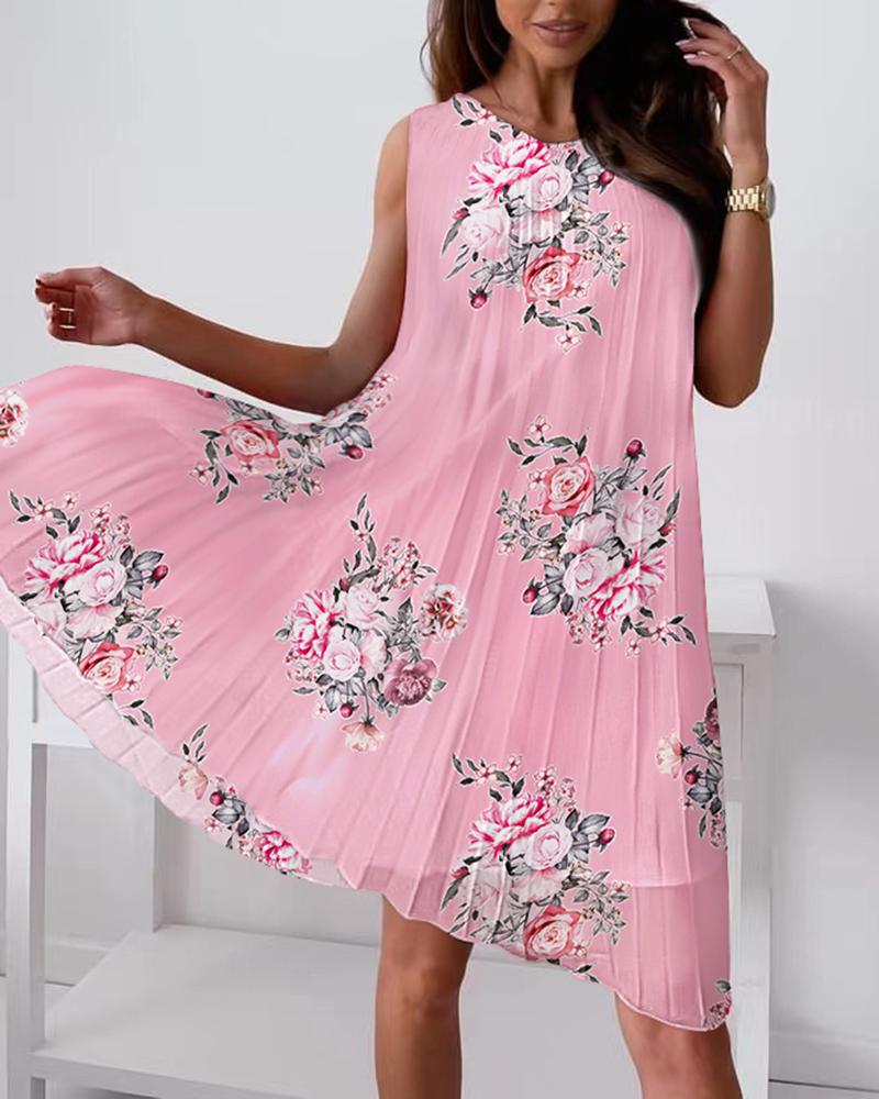 

Floral Print Sleeveless Pleated Swing Dress, Pink