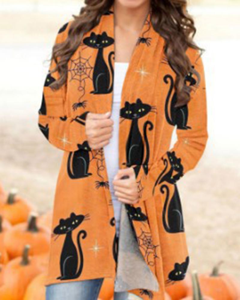 

Halloween Cat Spider Web Print Open Front Cardigan, Orange