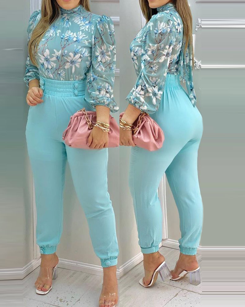 

Floral Print Puff Sleeve Top & Plain Buttoned Pants Set, Blue