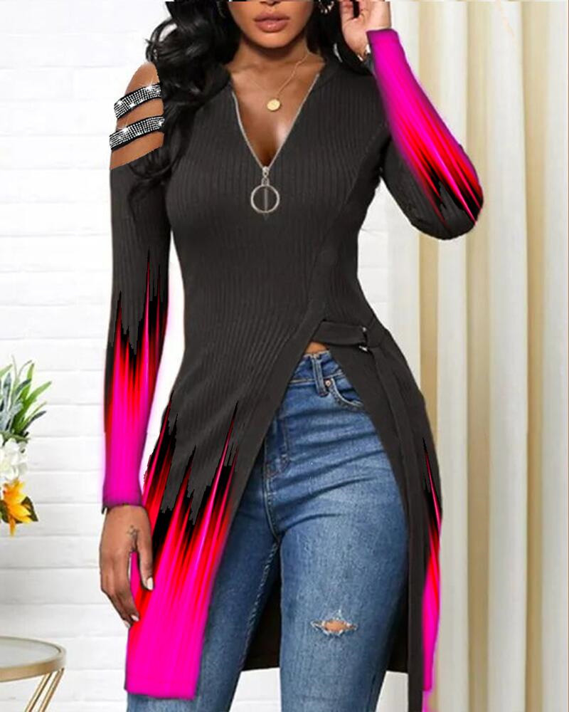 

Fire Print Rhinestone Strap Cold Shoulder High Split Top, Black