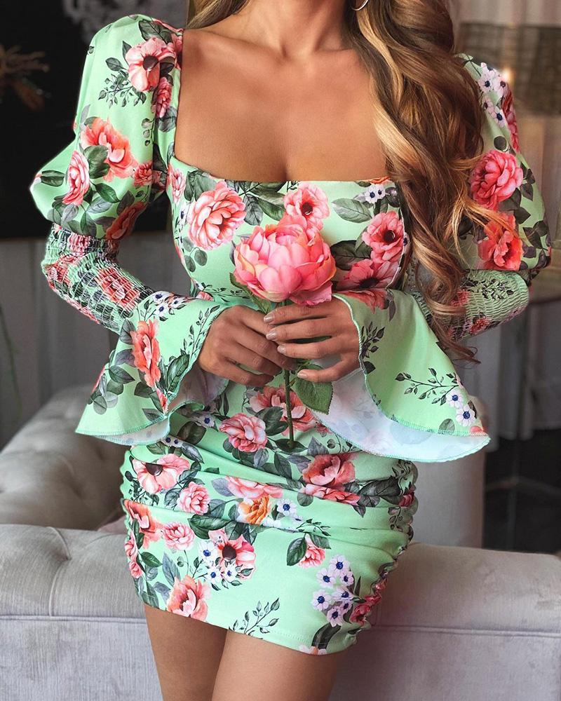 

Floral Print Puff Bell Sleeve Shirred Skinny Dress, Green