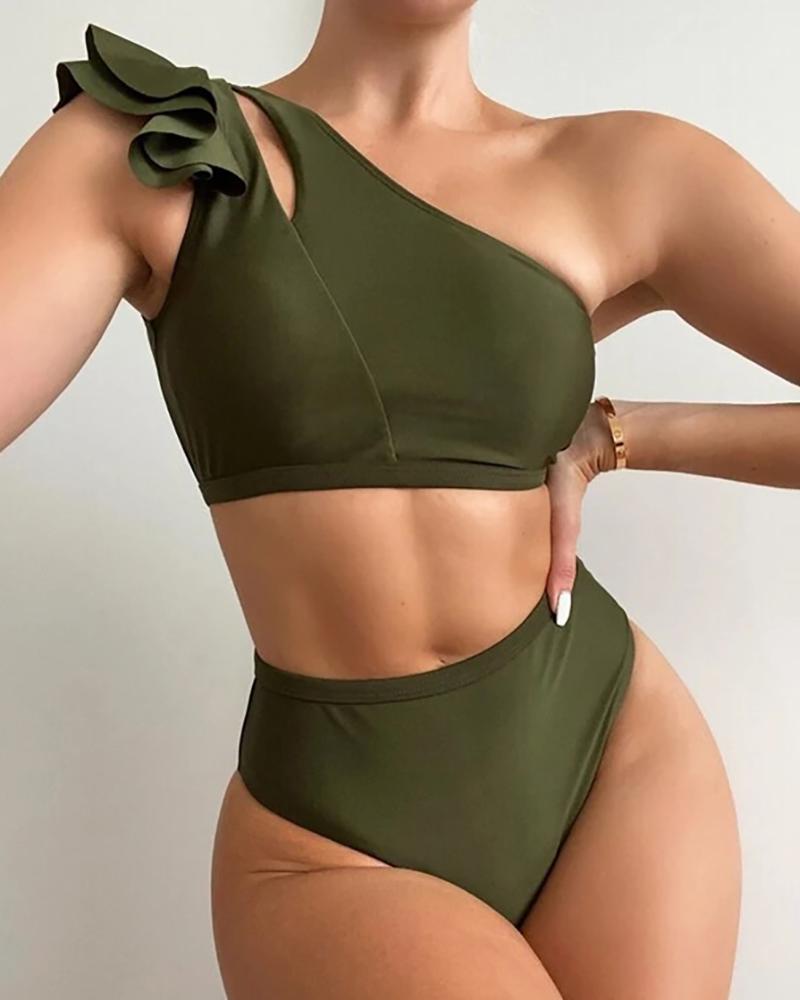 

One Shoulder Cutout Ruffles Bikini Set, Green