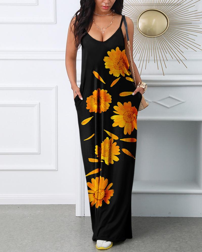 

Plus Size Floral Print Spaghetti Strap Maxi Dress, Black