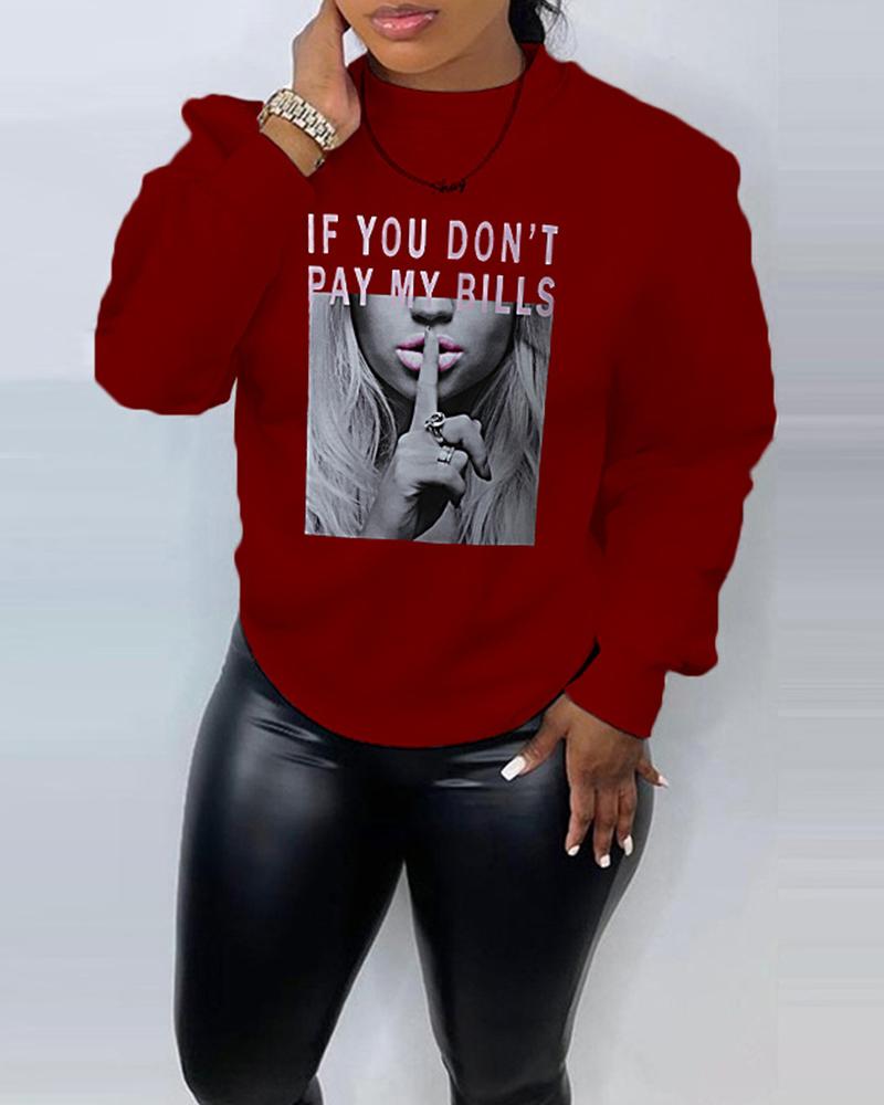 

Plus Size Slogan Print Long Sleeve Sweatshirt, Wine red