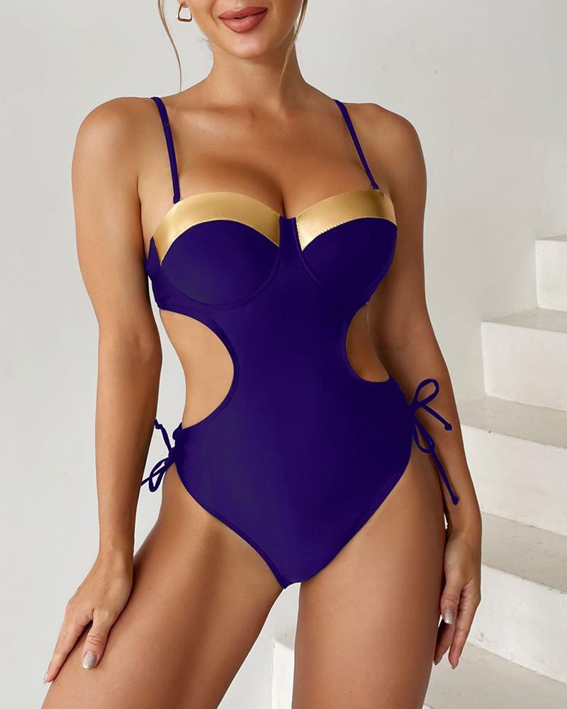 

Contrast Paneled Cutout Drawstring One Piece Swimsuit, Purple