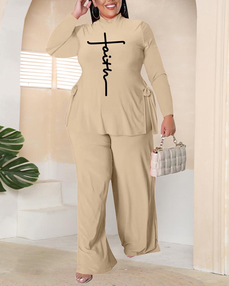 

Plus Size Letter Print Tied Detail Top & Pants Set, Khaki