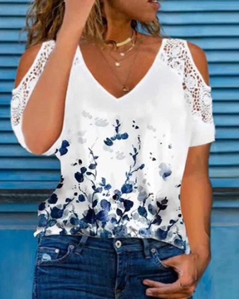 

Plants Print Contrast Lace Cold Shoulder Top, Blue