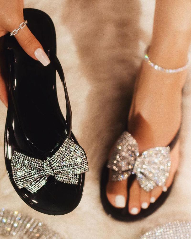 

Rhinestone Bowknot Design Open Toe Sandals, Black