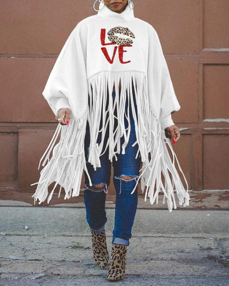 

Lip Letter Print Fringe Trim Lantern Sleeve Top, White