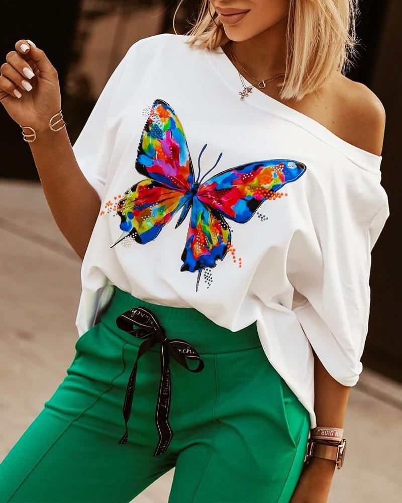 

Butterfly Print Rhinestone Decor Casual T-shirt, White