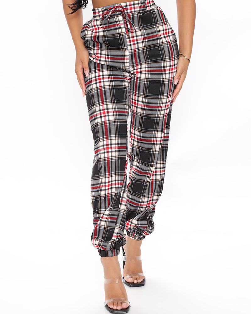 

Tied Detail Pocket Design Plaid Print Harem Pants, Red