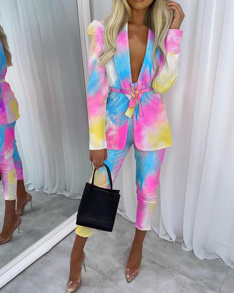 

Tie Dye Pirnt Shawl Collar Tie Front Blazer & Pants Set, Multicolor